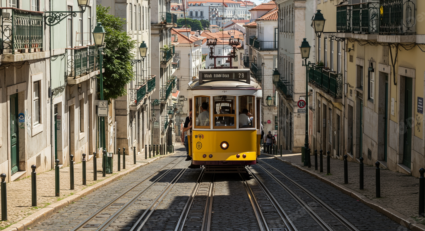 Iconic Yellow Tram 28 Ascending Historic Lisbon Cobblestone Street