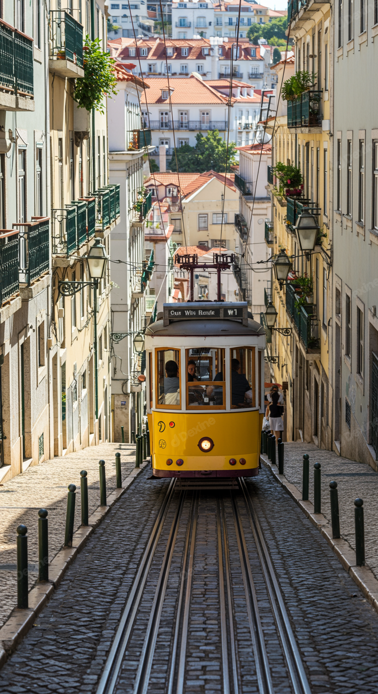 Iconic Yellow Tram Climbing A Steep Cobblestone Street In Lisbon