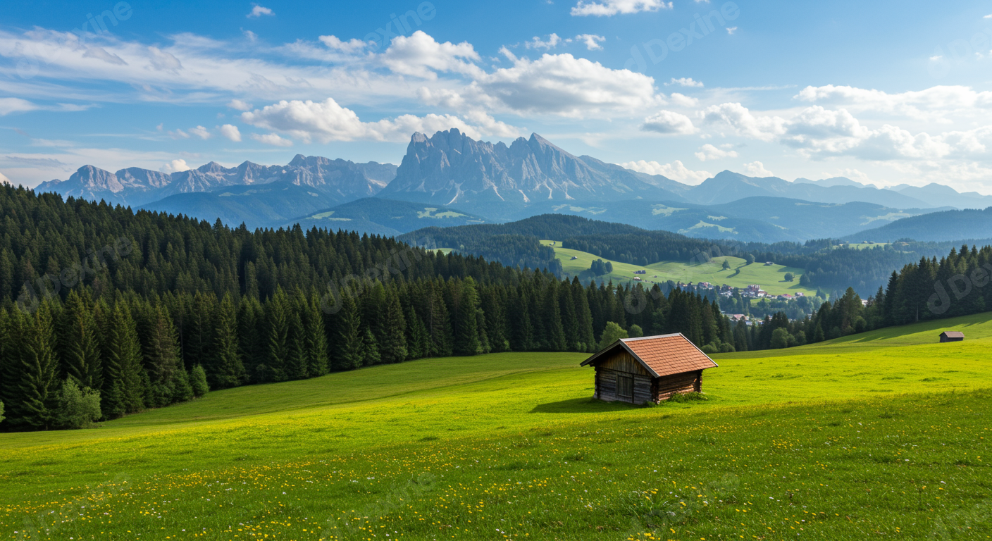 Idyllic Alpine Landscape With Traditional Wooden Hut And Majestic Mountains