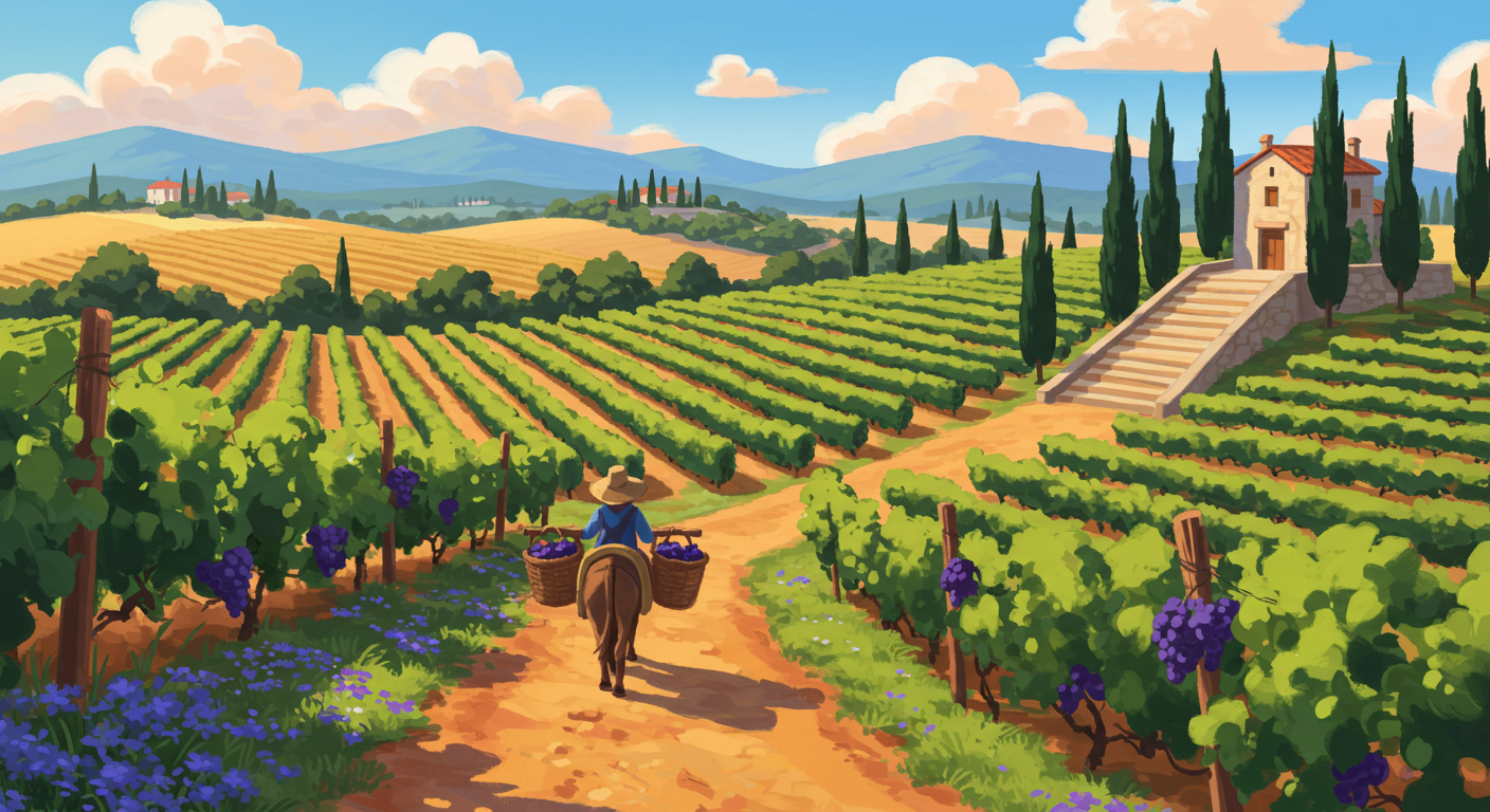 Idyllic European Vineyard Harvest Scene With Donkey And Traditional Farmhouse