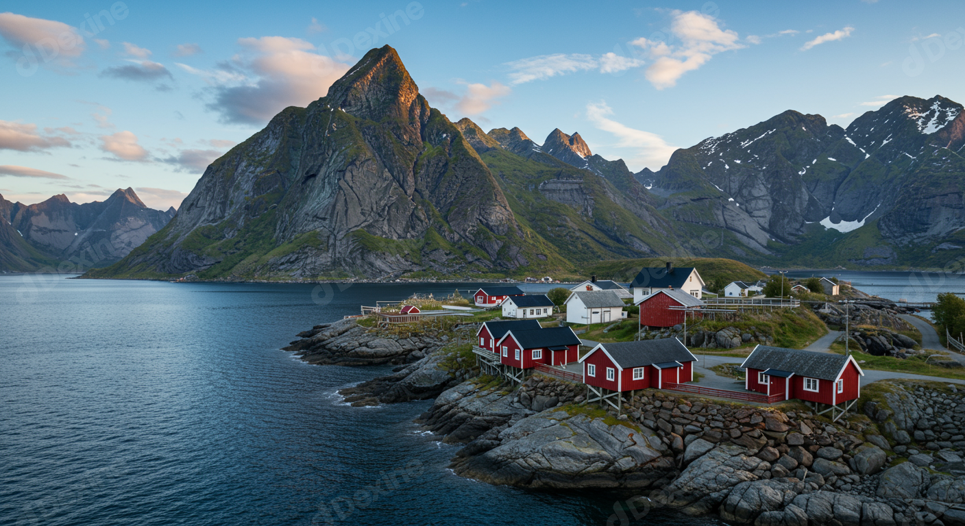 Idyllic Fishing Village On Rocky Fjord Shore With Towering Mountains