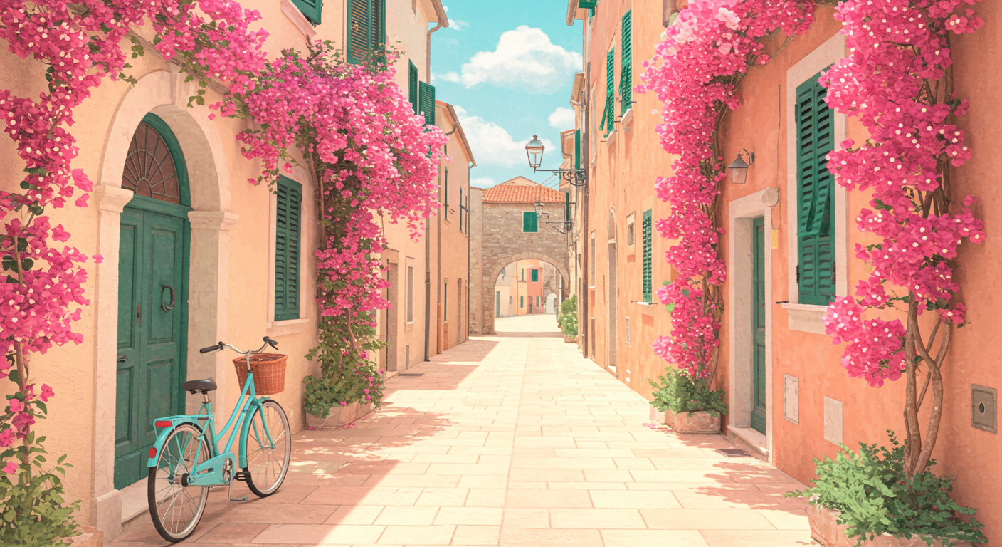 Idyllic Mediterranean Street With Pink Bougainvillea And Vintage Bicycle