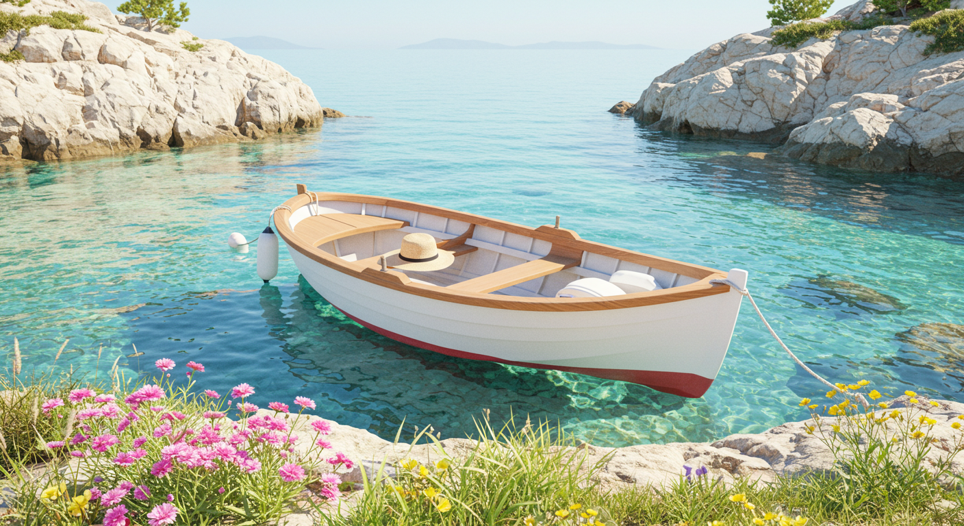 Idyllic Rowboat In Crystal Clear Turquoise Water Secluded Mediterranean Cove