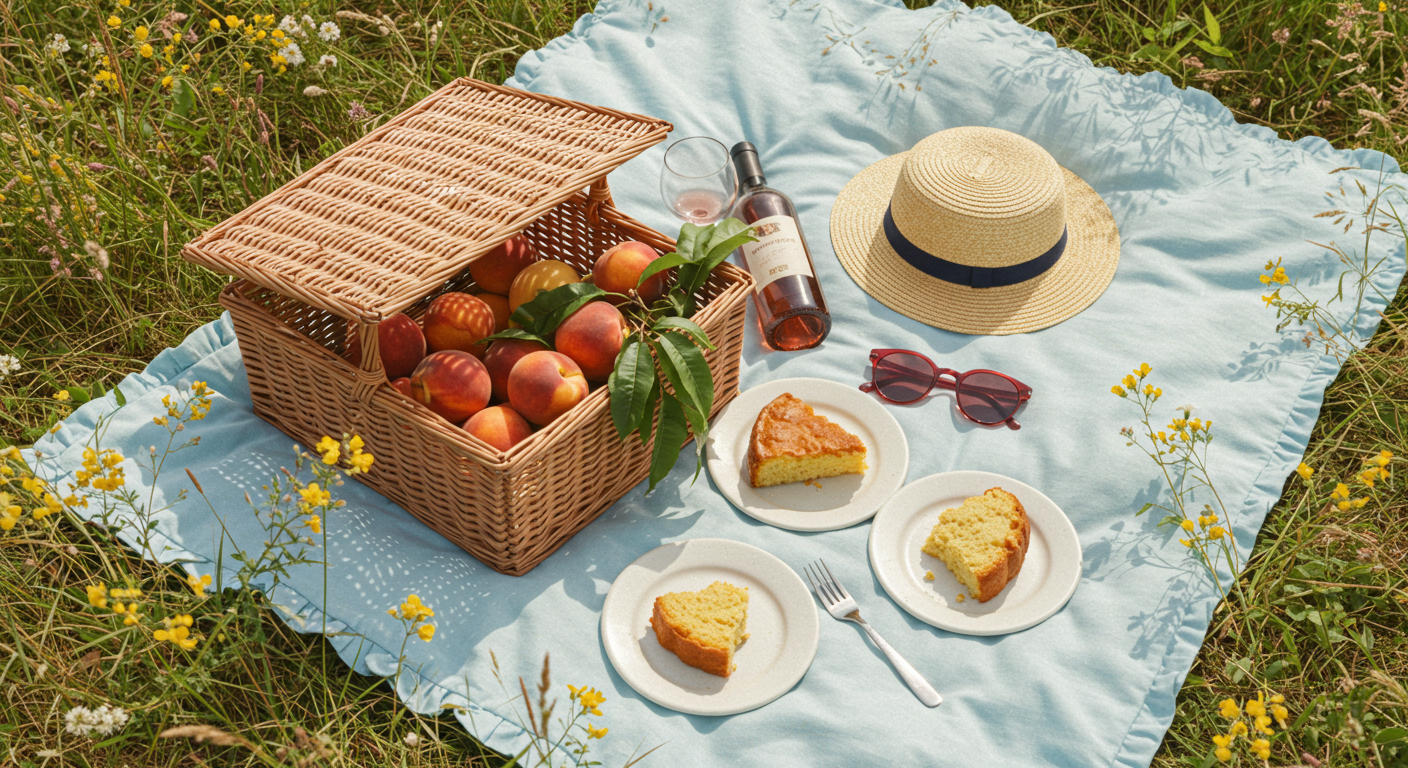 Idyllic Summer Picnic Scene With Fresh Peaches Cake And Wine