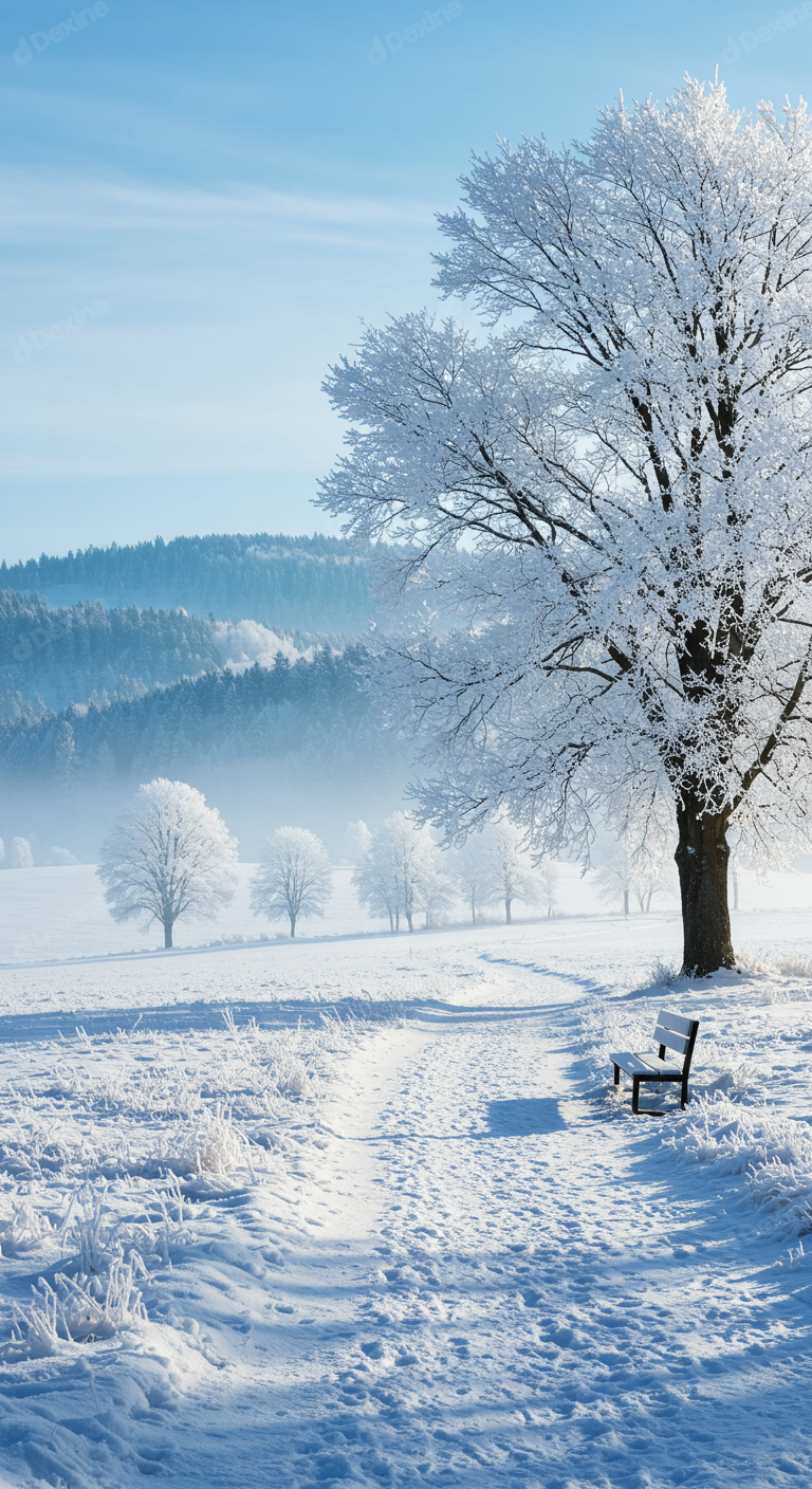 Idyllic Winter Morning Snowy Path Frosted Trees And Peaceful Landscape