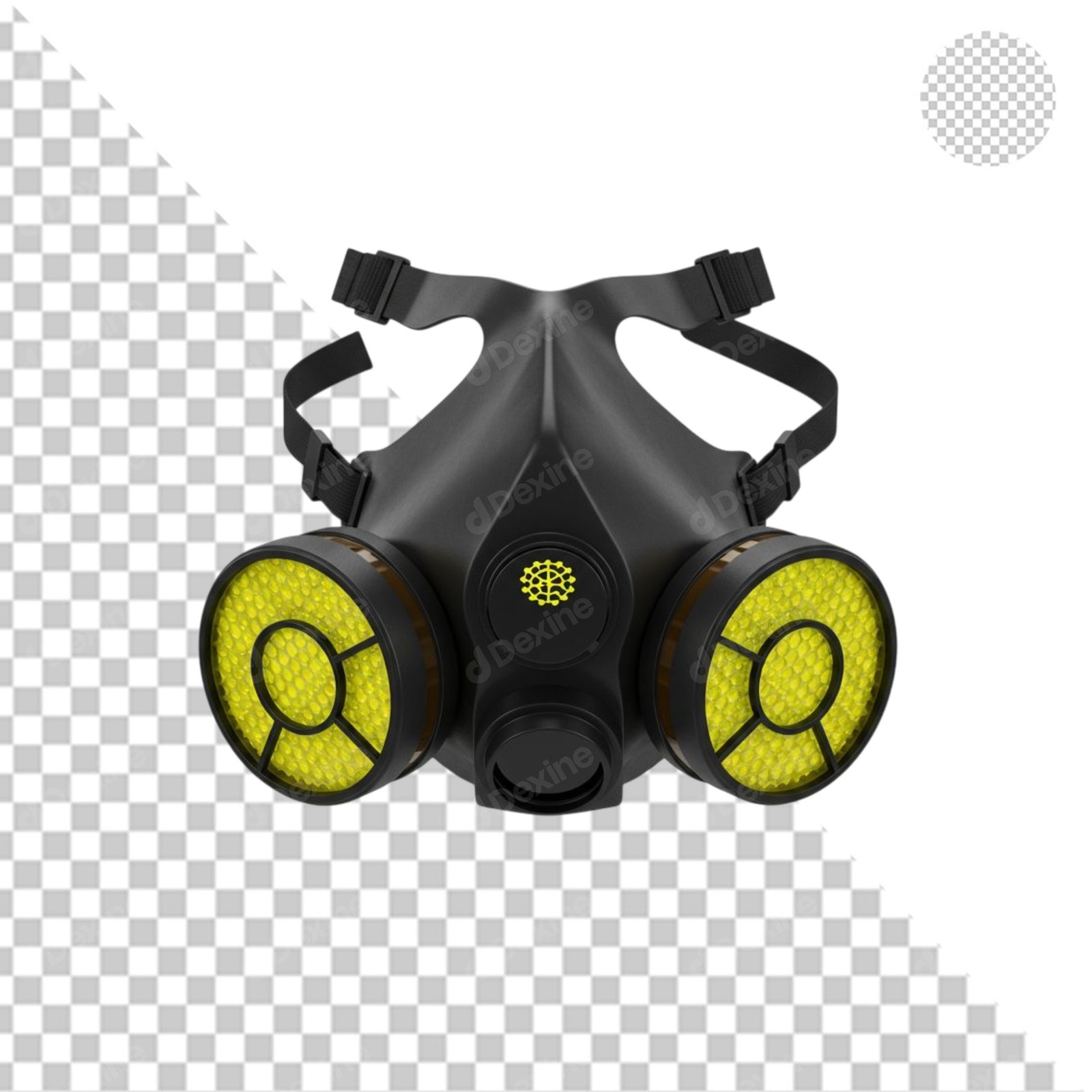 Industrial Respirator Mask With Yellow Filters Isolated On Transparent Background