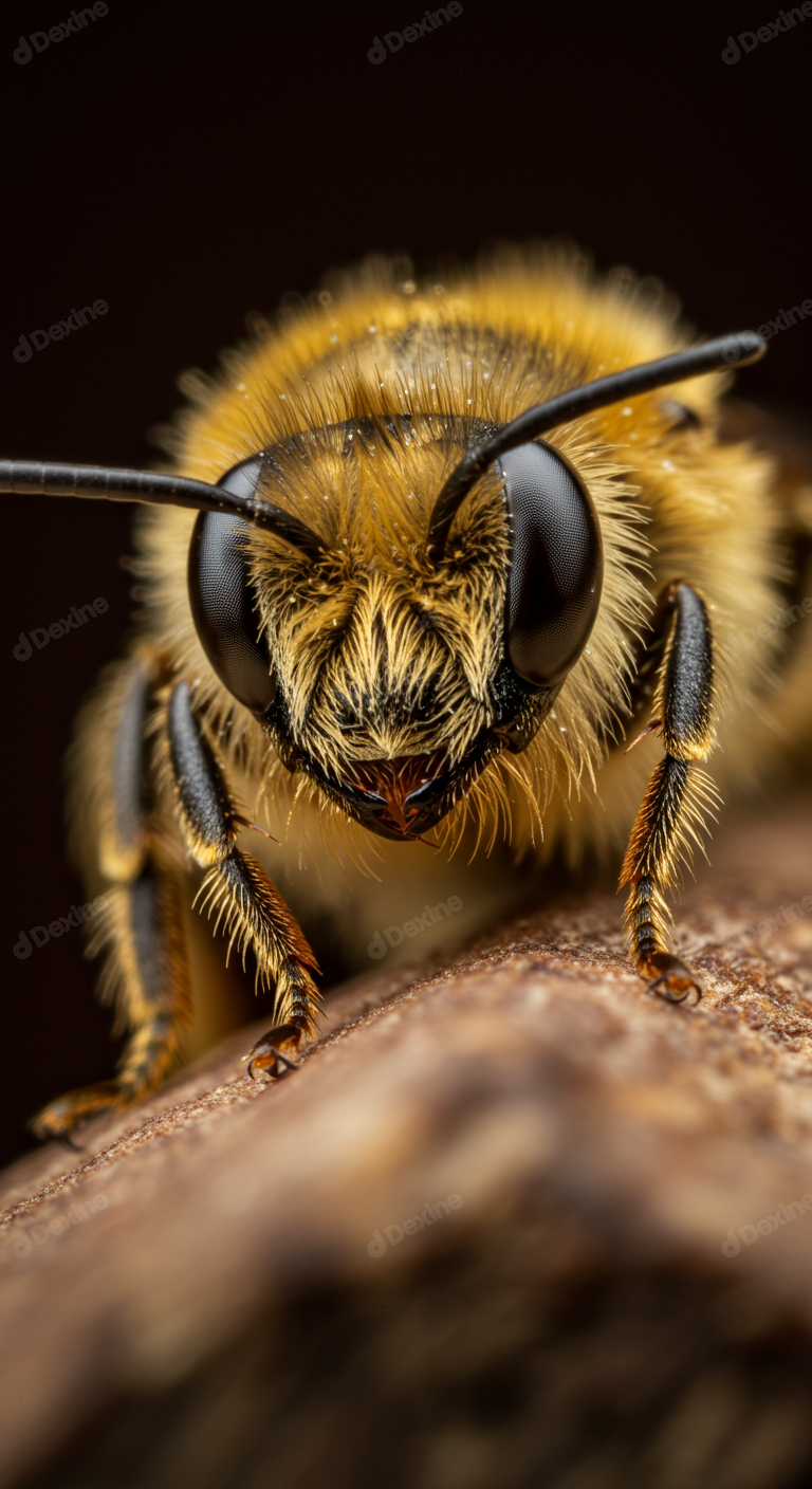 Intricate Macro Close Up Of A Fuzzy Bees Head