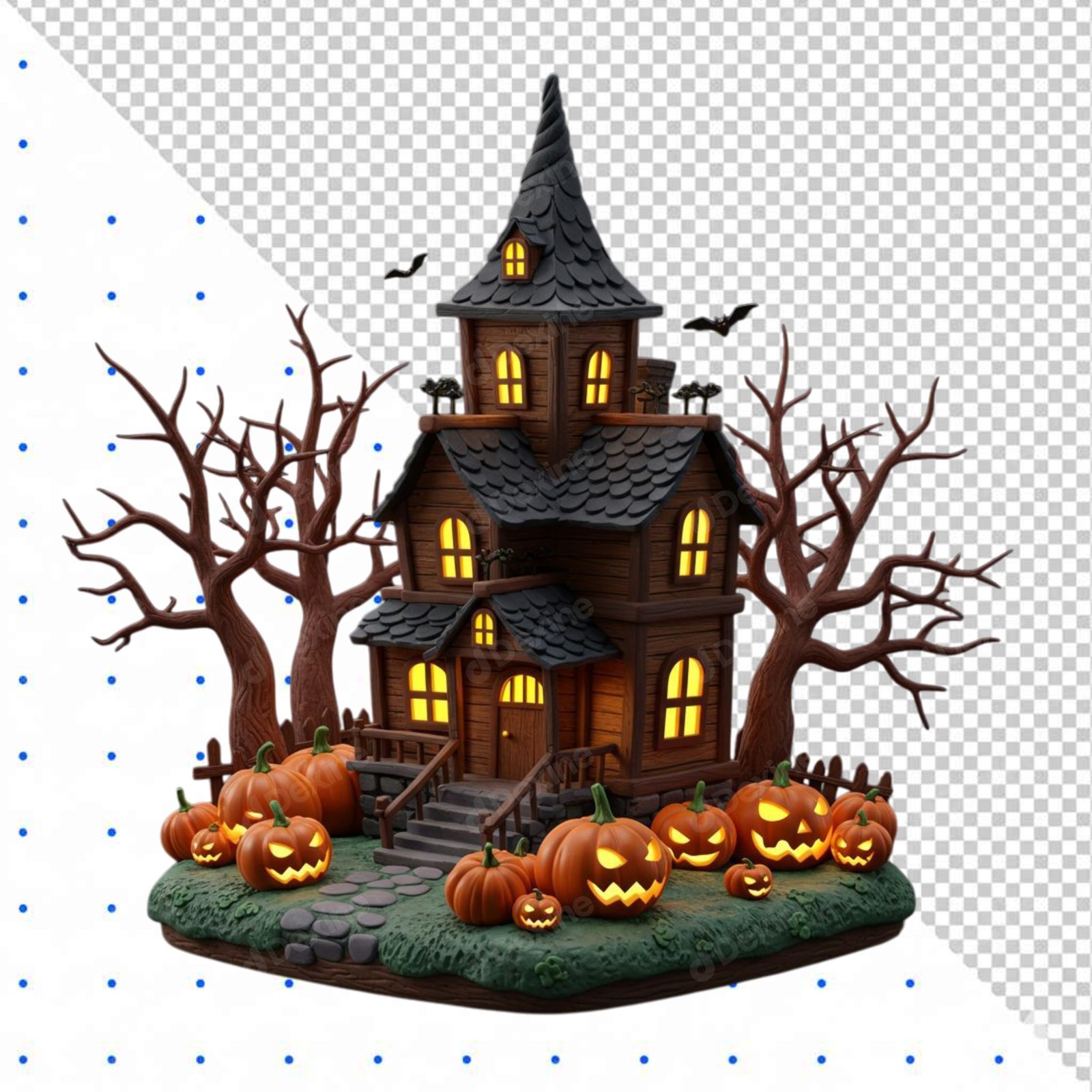 Isolated 3D Halloween Haunted House With Glowing Pumpkins PNG