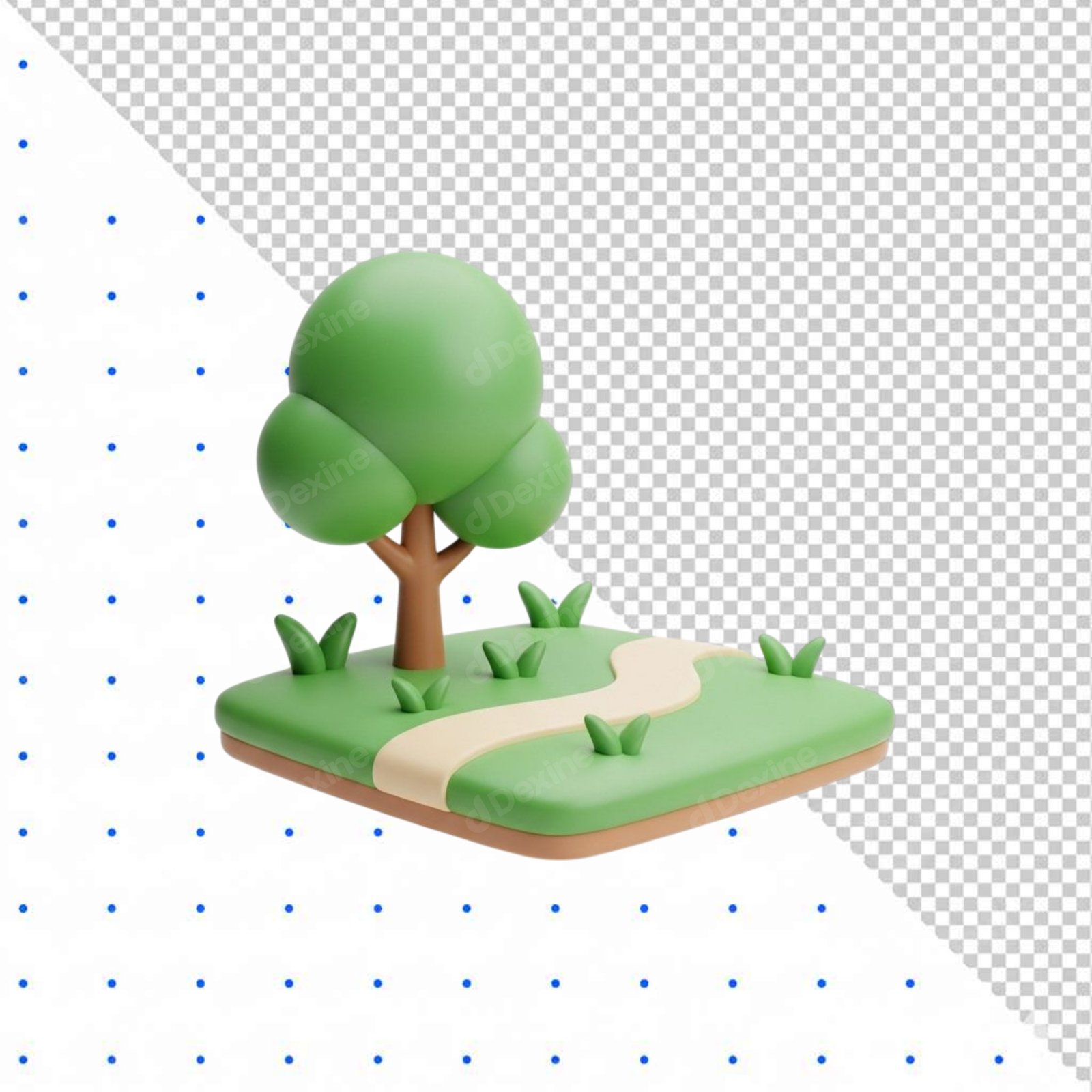 Isolated 3D Minimalist Green Landscape Tile With Tree Transparent PNG