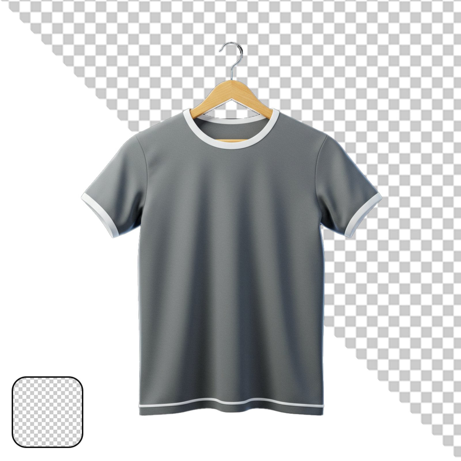 Isolated Grey T Shirt Mockup With White Trim On Hanger Transparent PNG