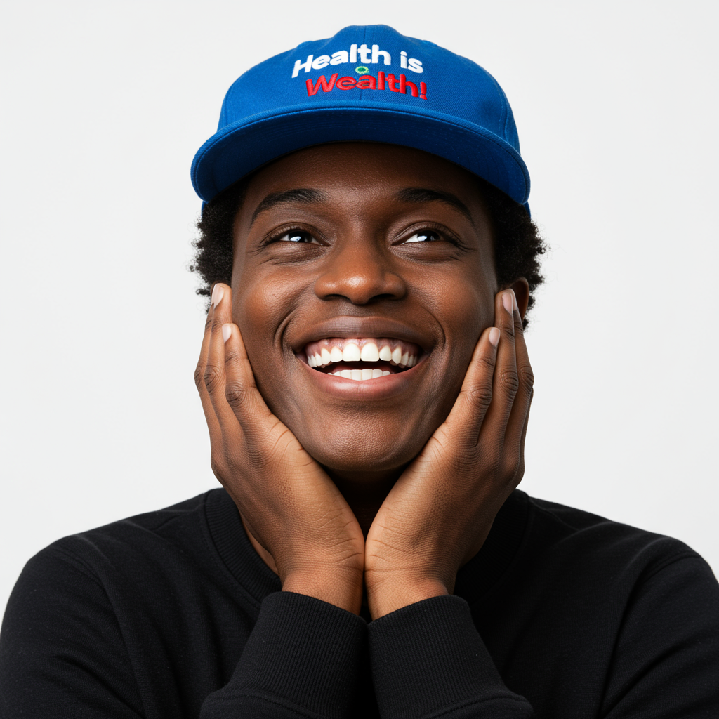 Joyful African American Man Smiling In Health Is Wealth Cap