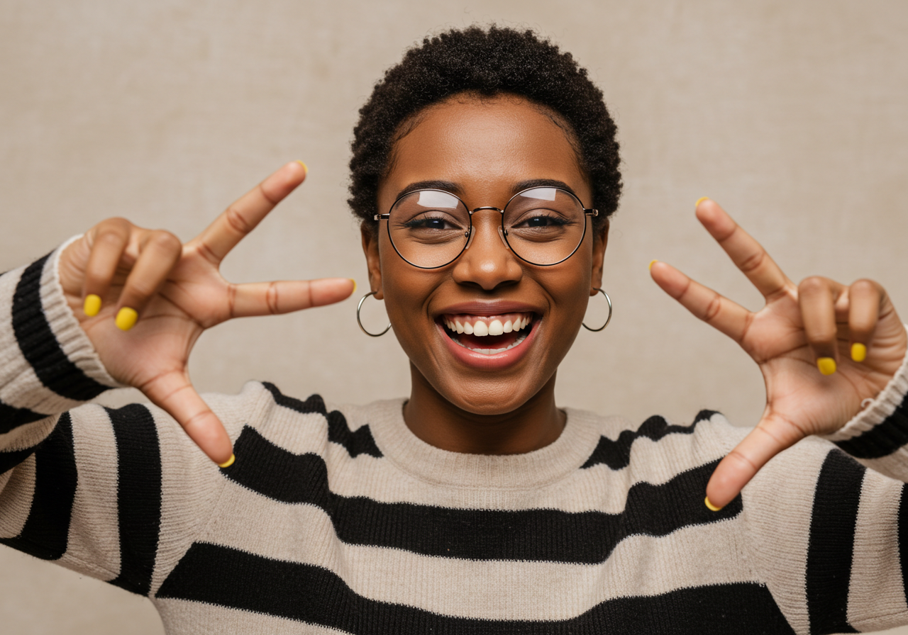 Joyful African Woman With Glasses Making Peace Sign Bright Smile