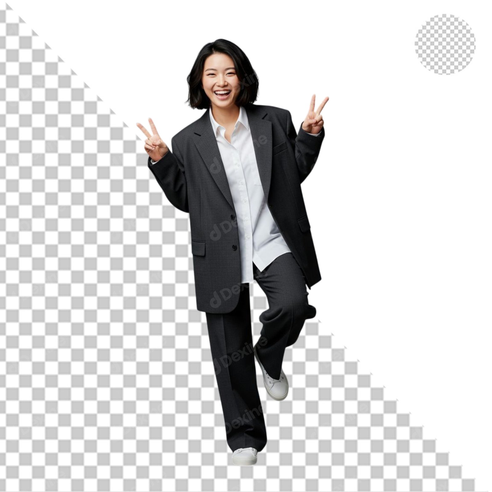 Joyful Asian Woman In Oversized Suit Making Peace Signs Transparent Background