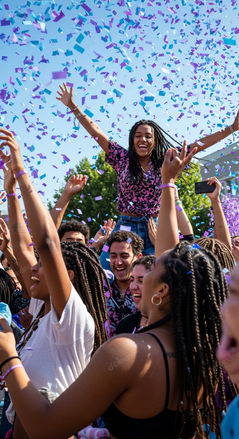 Joyful Crowd Celebrates With Confetti Capturing A Festive Season Vibe