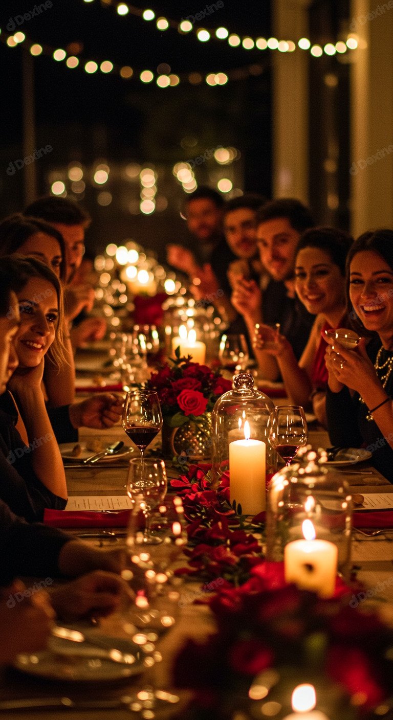 Joyful Friends Enjoying A Festive Season Vibe Candlelit Dinner