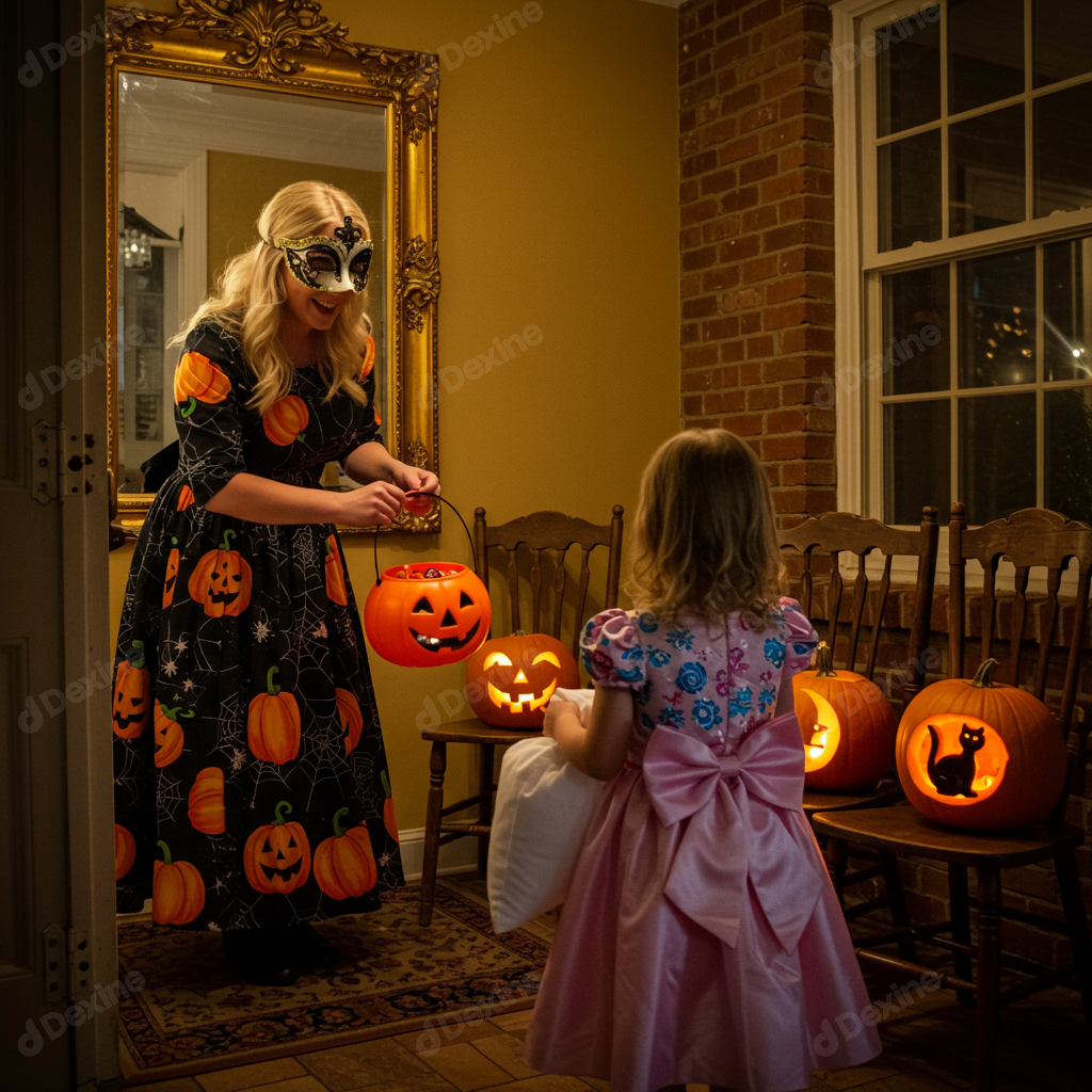 Joyful Halloween Trick Or Treating With Carved Pumpkins