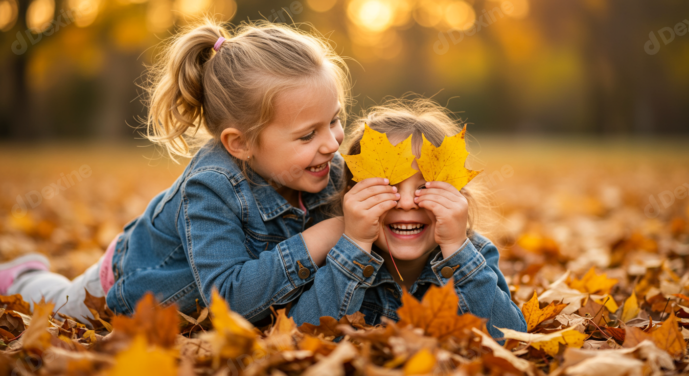 Joyful Little Girls Playing In Golden Autumn Leaves