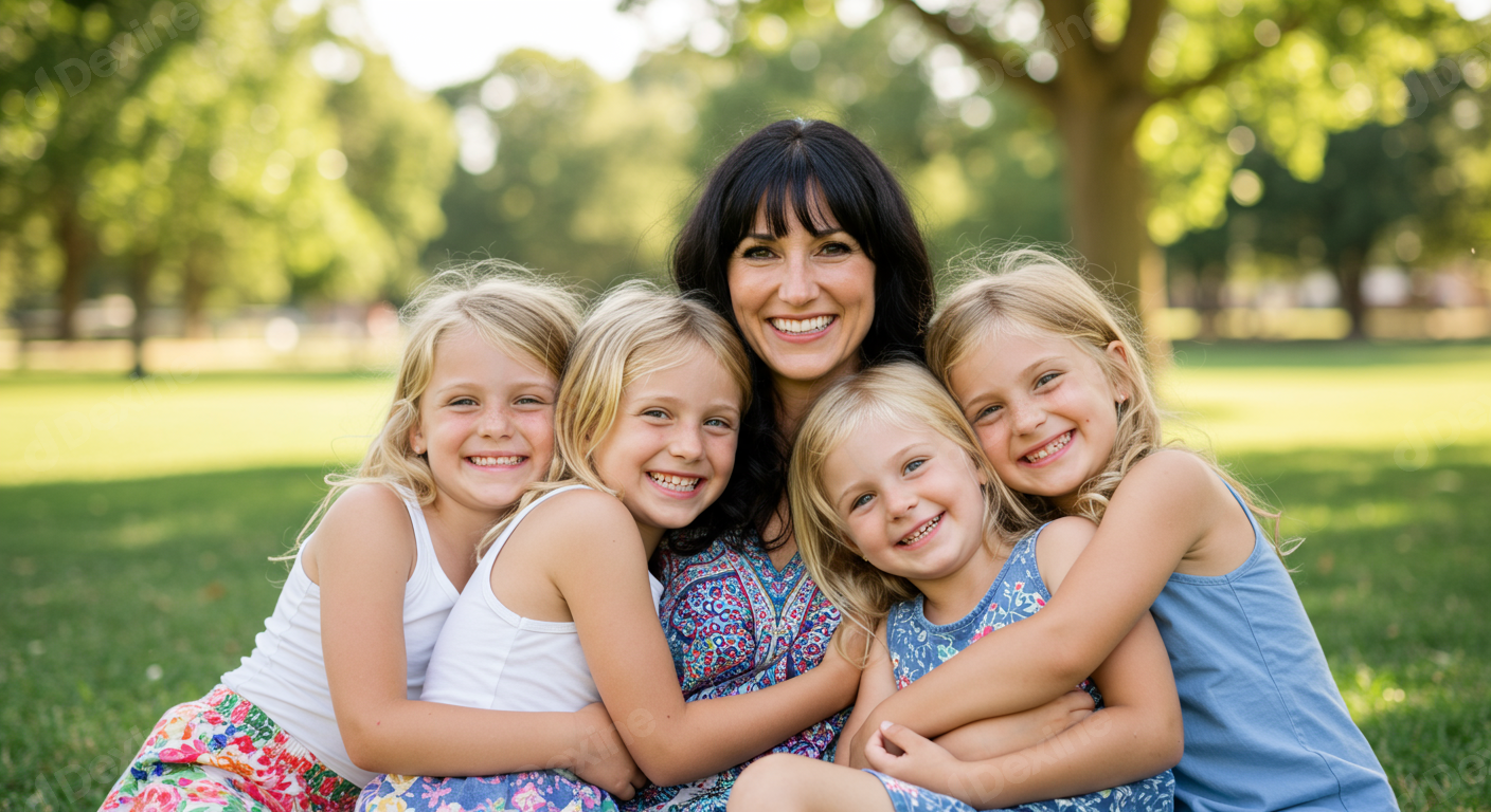 Joyful Mother And Four Daughters Embracing In A Sunny Park