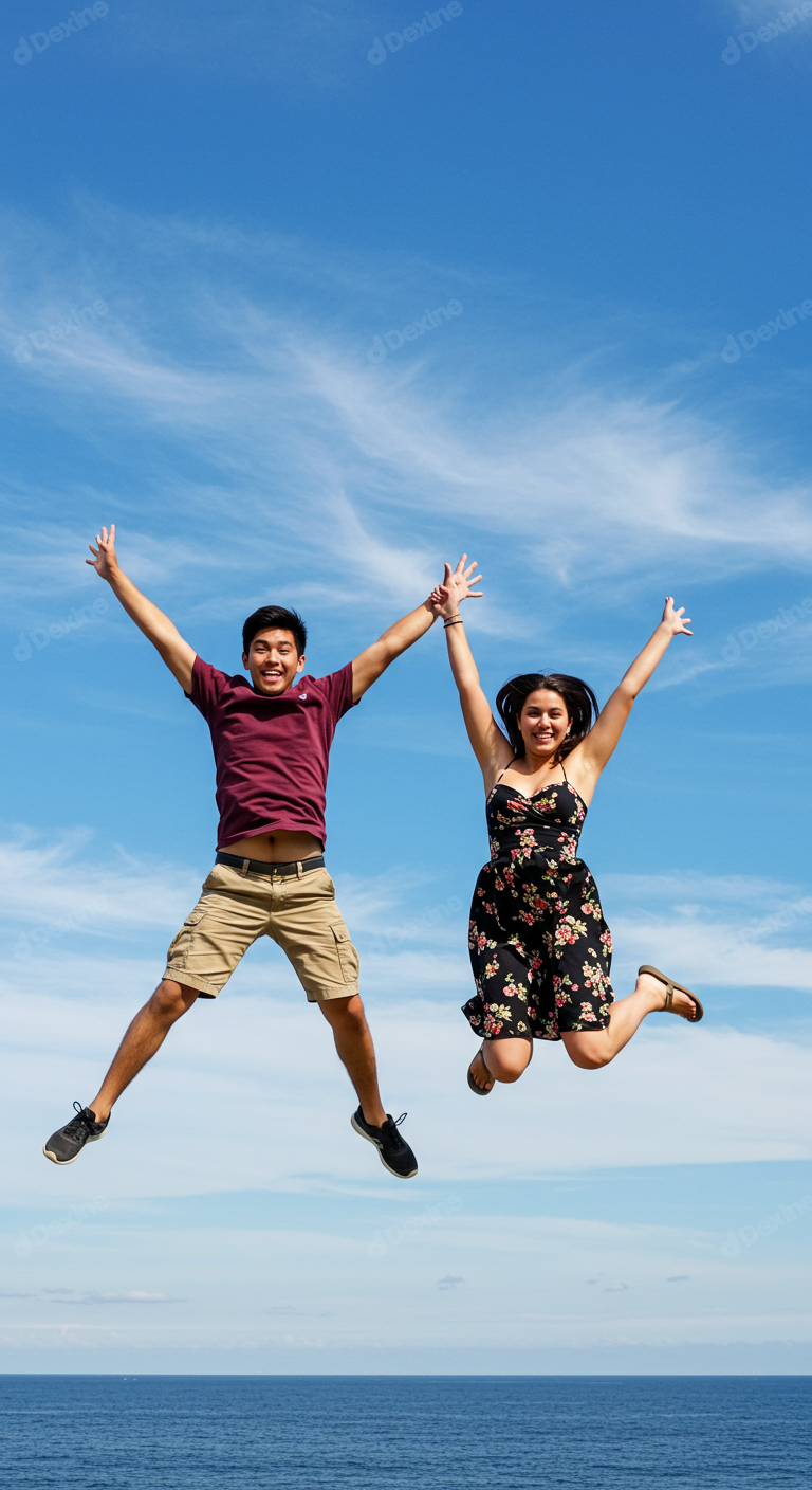 Joyful Young Couple Leaping In Air Against Blue Sky And Ocean