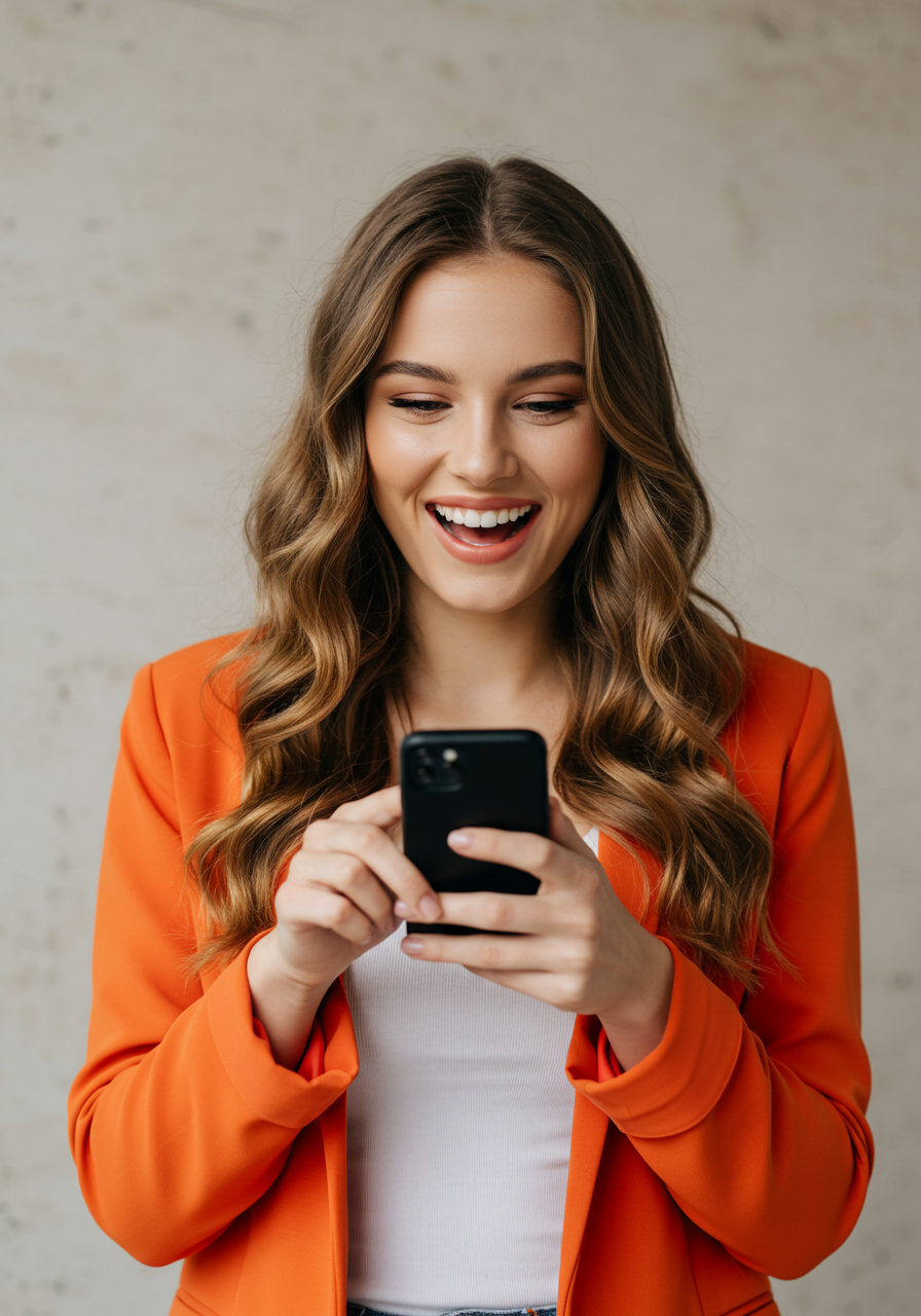Joyful Young Woman Laughing And Using Her Smartphone