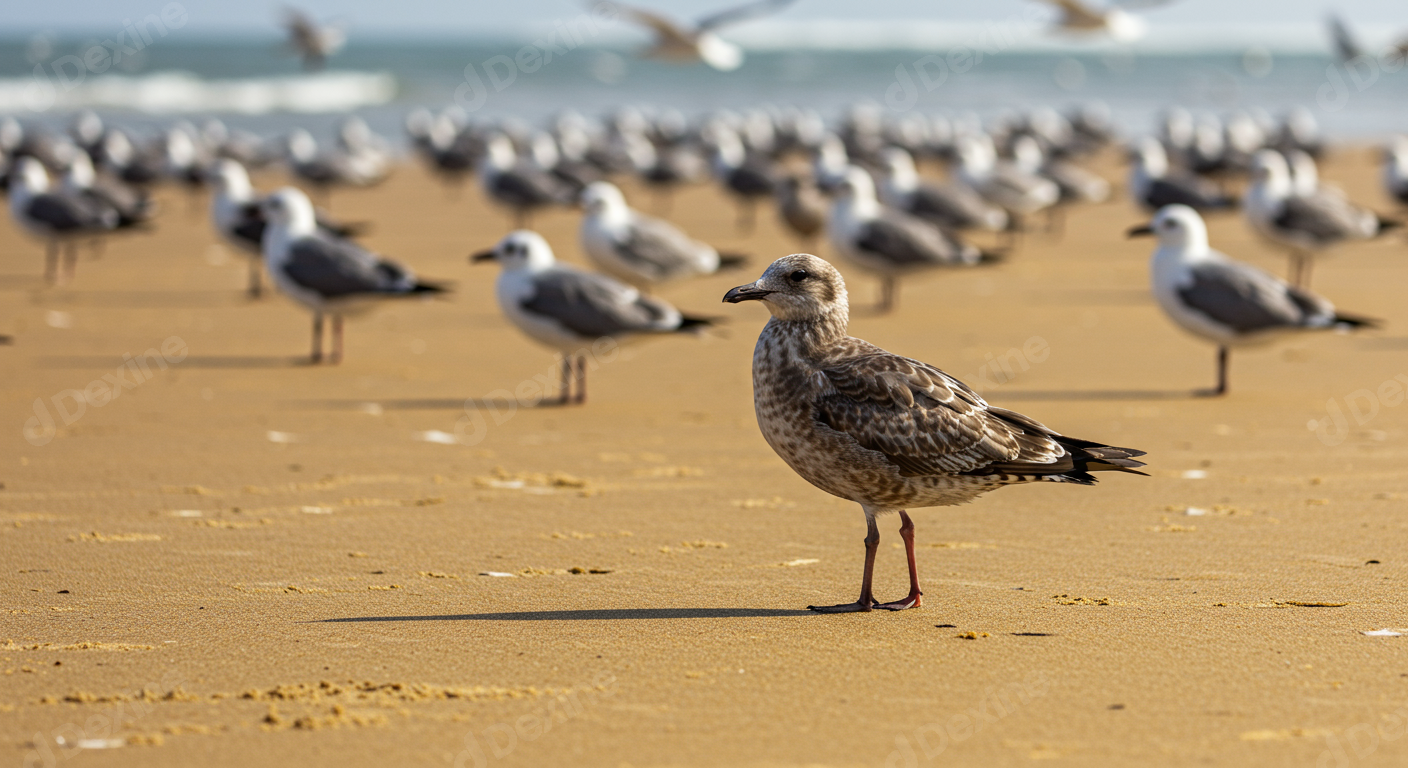 Juvenile Seagull Standing On Golden Sandy Beach With Flock