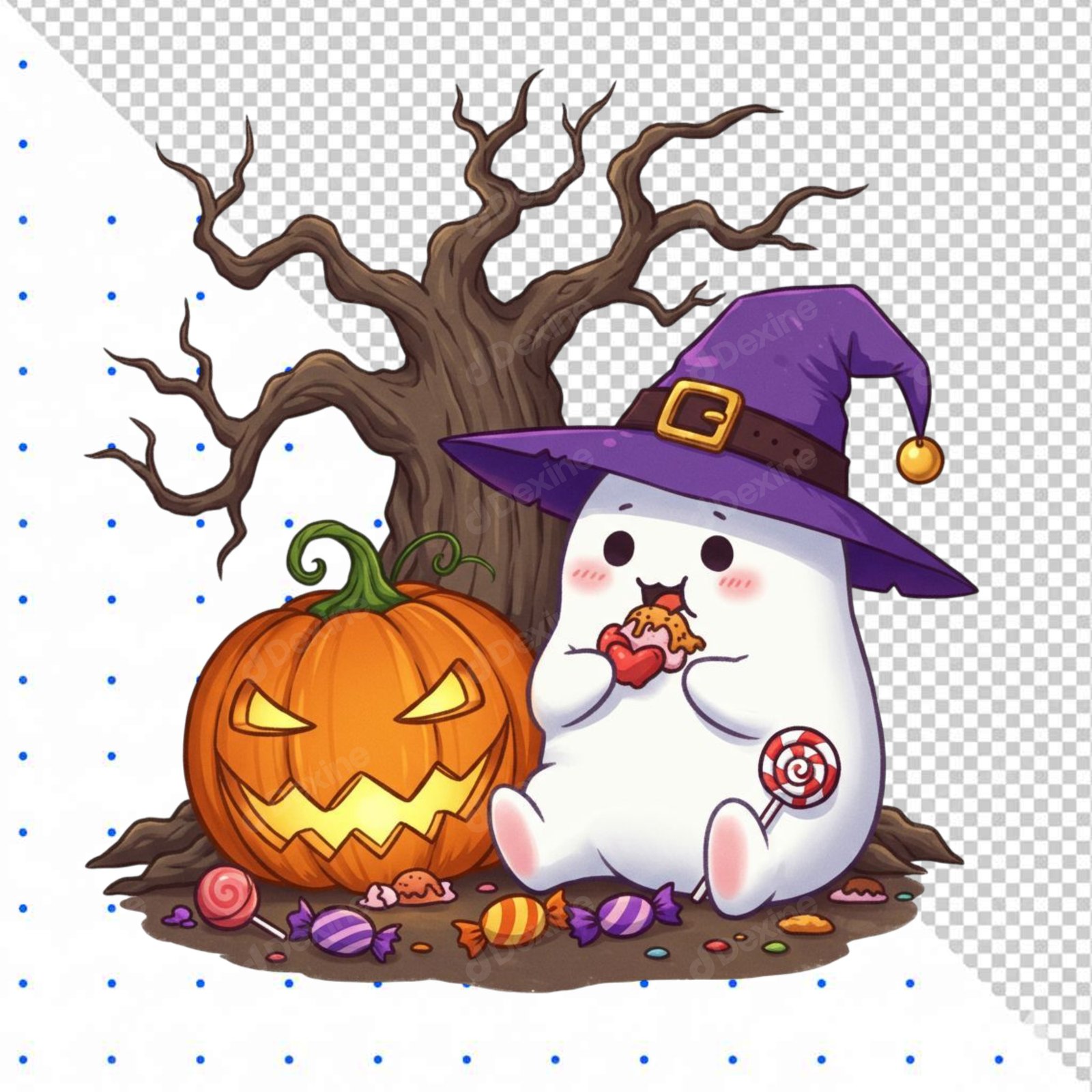Kawaii Ghost Witch Eating Candy And Jack O Lantern Transparent PNG