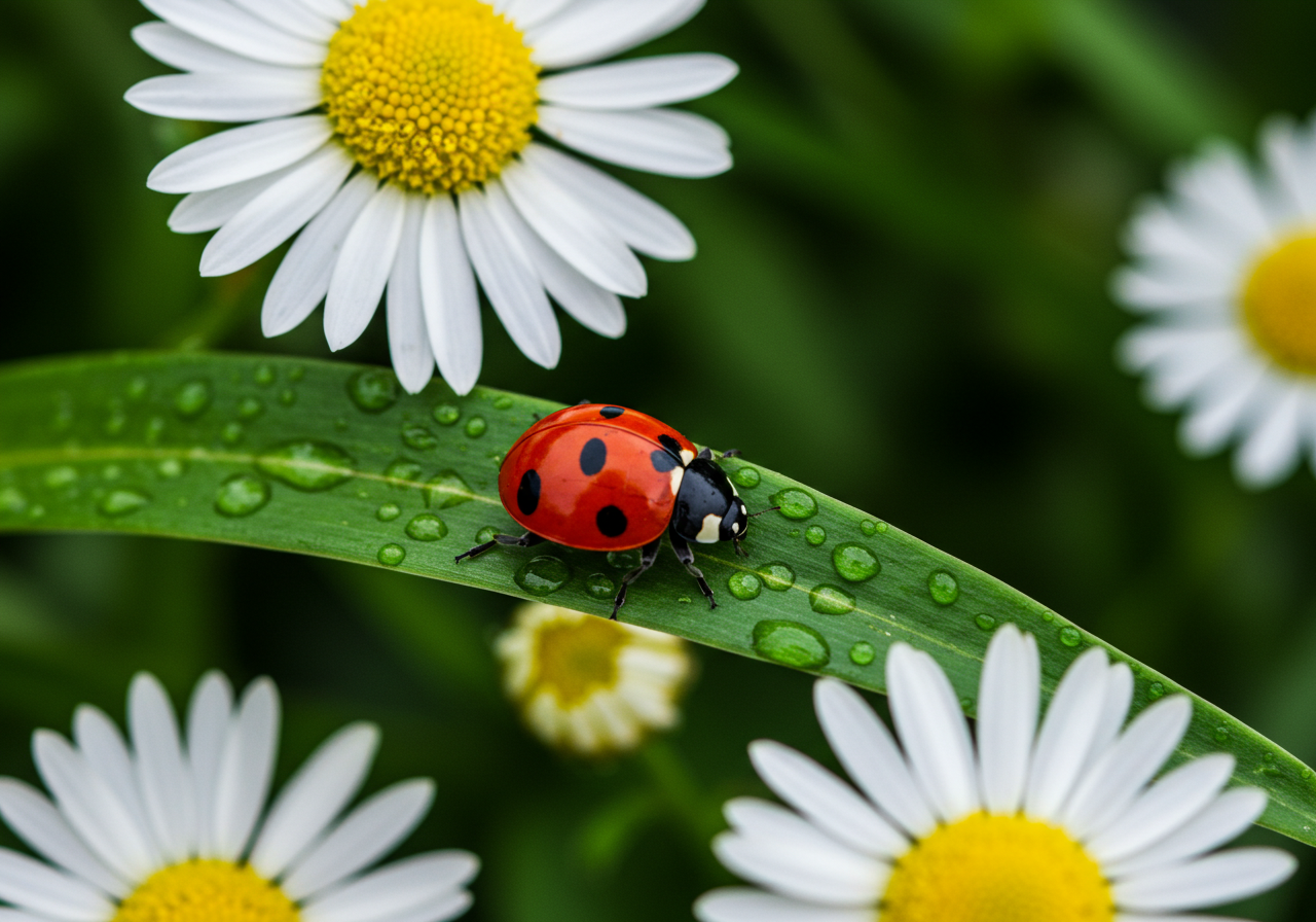 Ladybug On Green Leaf With Dew Drops And White Daisies