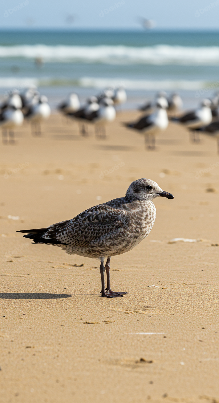 Lone Seagull Standing On Golden Sandy Beach