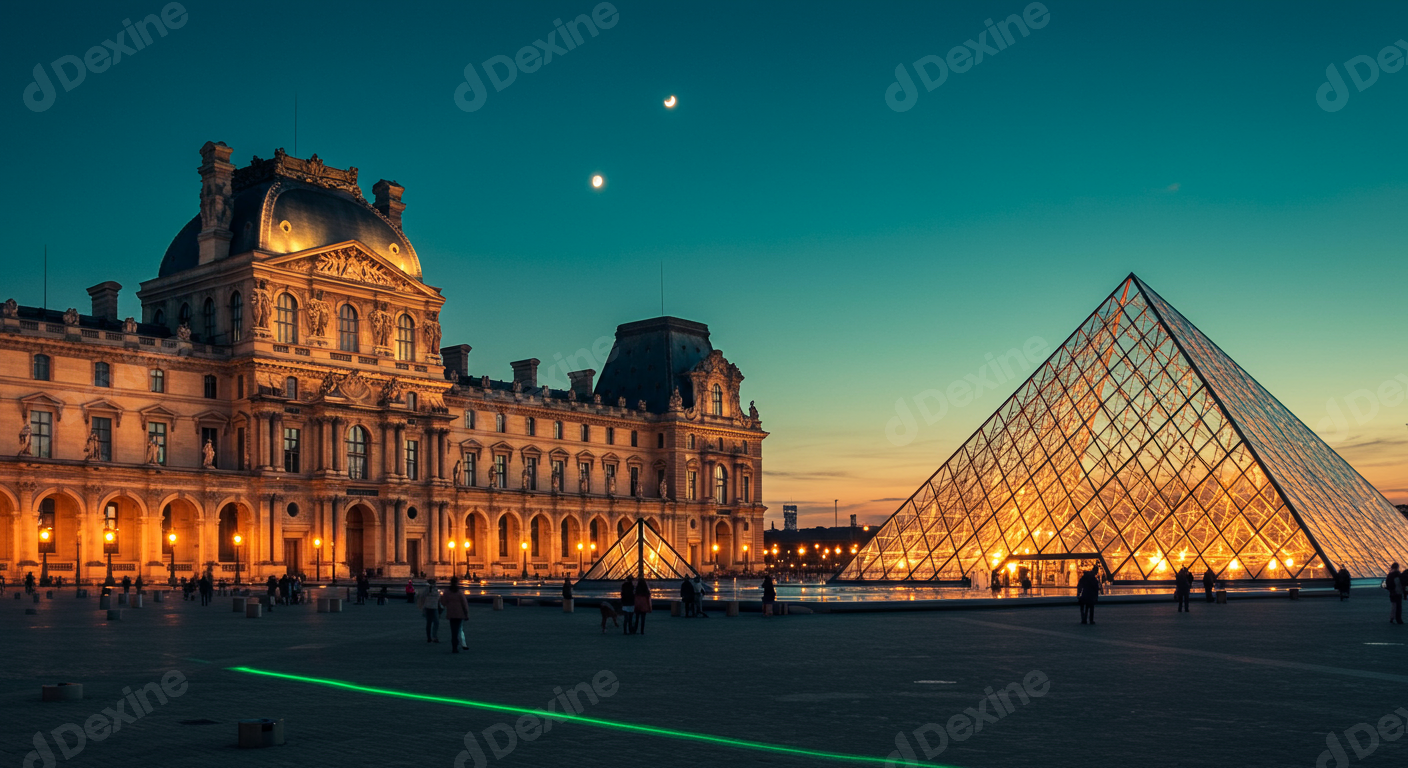 Louvre Museum And Pyramid At Dusk In Paris France