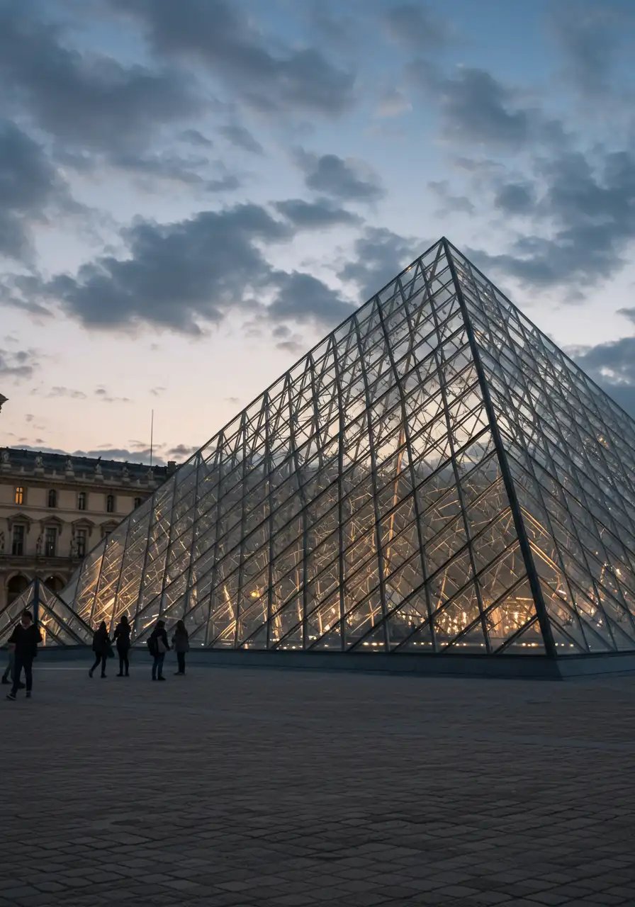Louvre Pyramid In Paris At Dusk With Dramatic Sky
