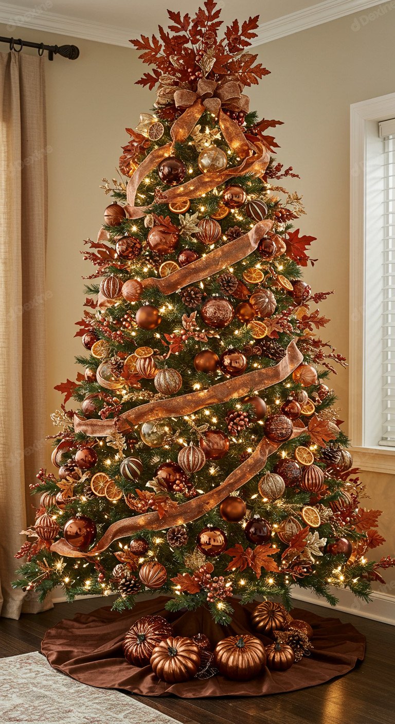Luxurious Christmas Tree With Autumnal Decor For A Festive Season Vibe
