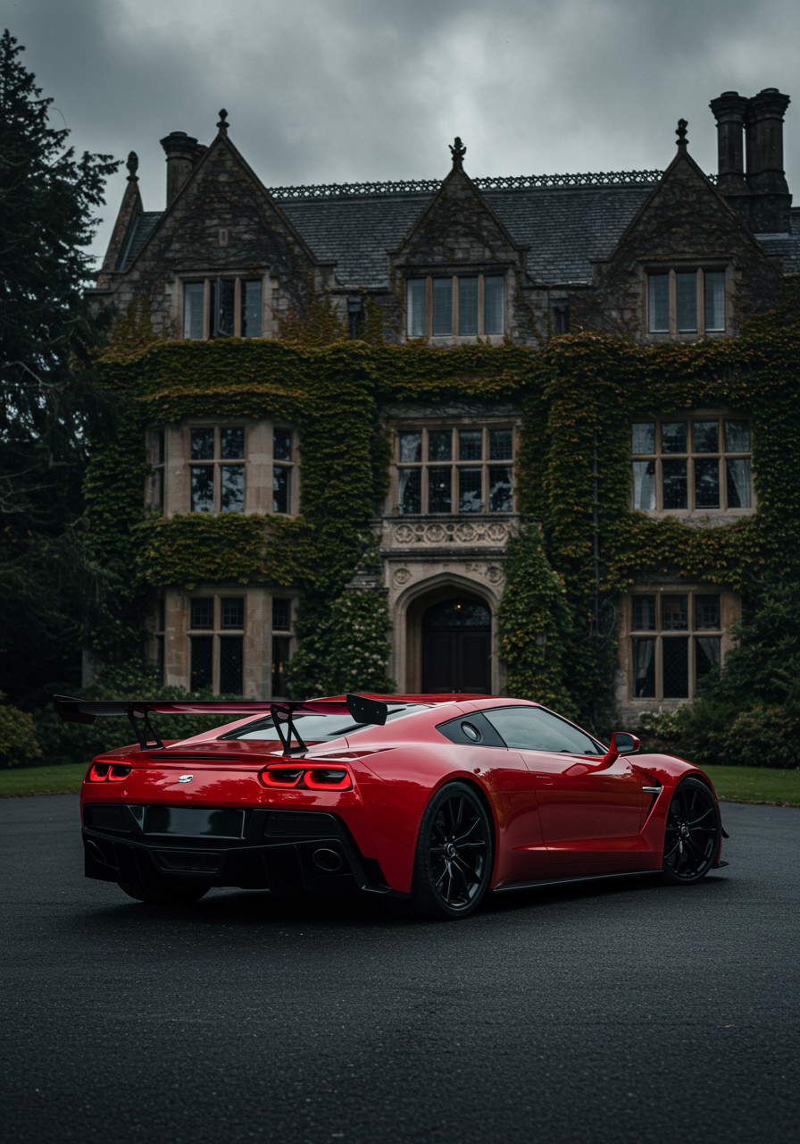 Luxury Red Sports Car Parked In Front Of Historic Ivy Covered Mansion