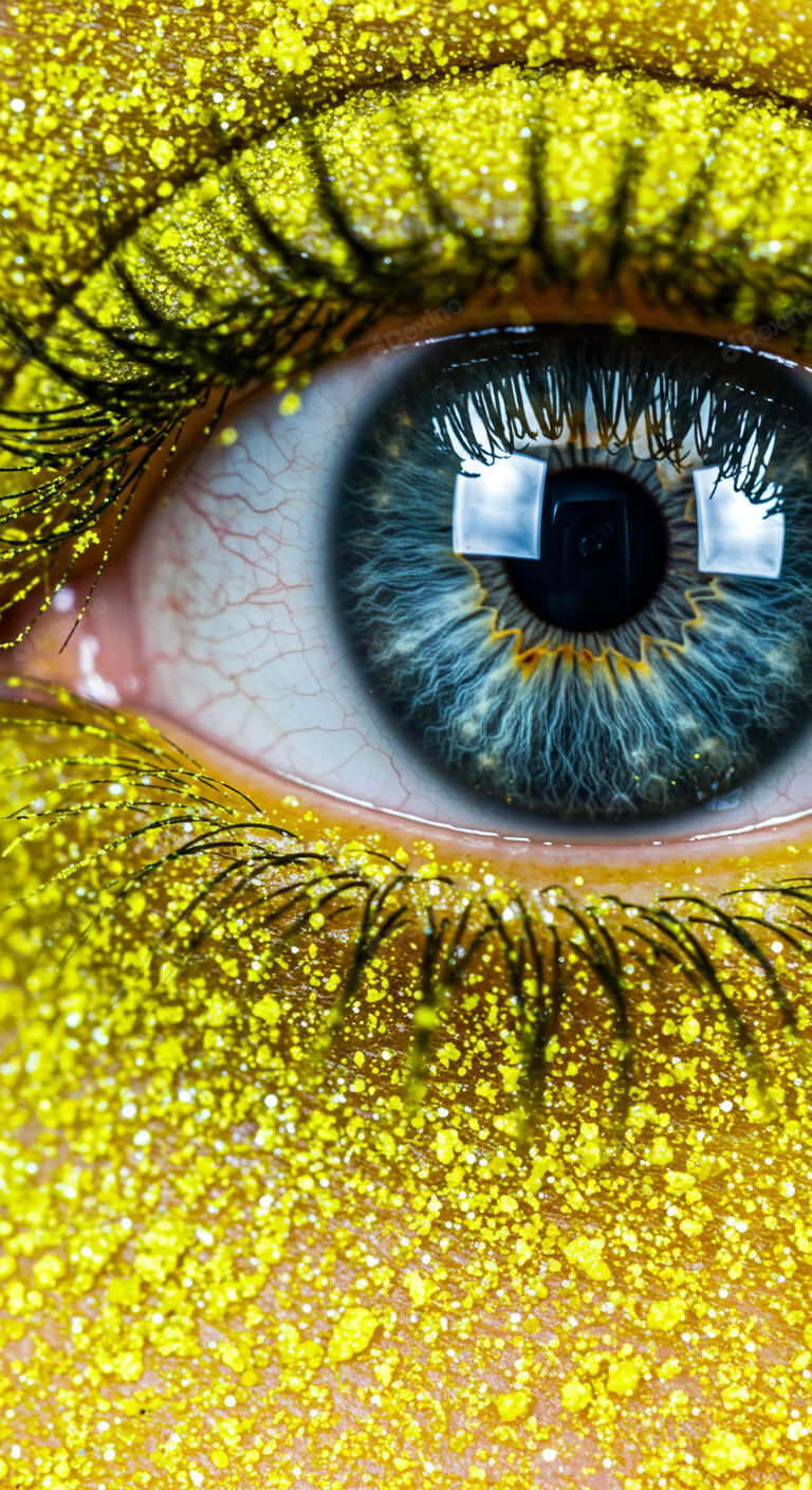 Macro Close Up Of Blue Eye With Vibrant Yellow Glitter Makeup