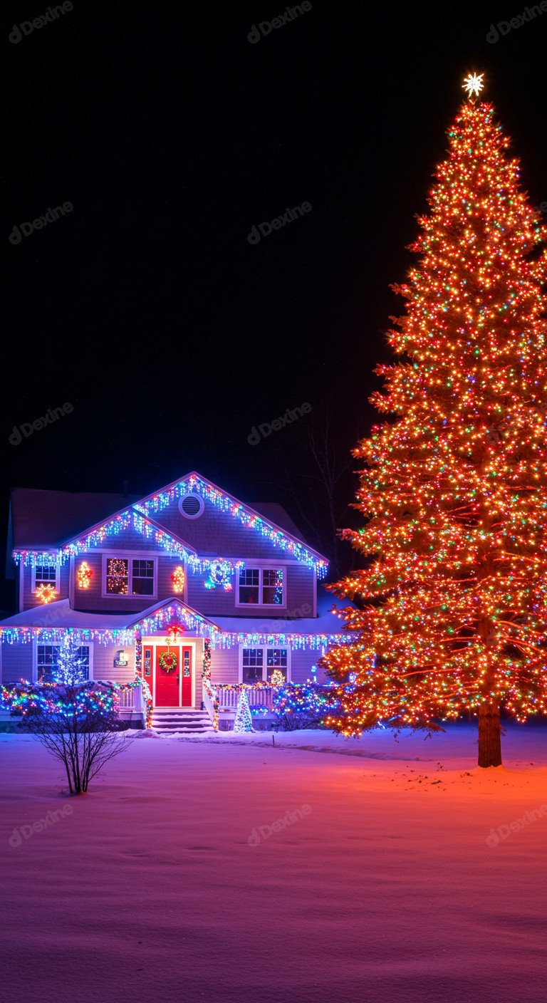 Magical Christmas House And Tree With Festive Season Vibe In Snow At Night
