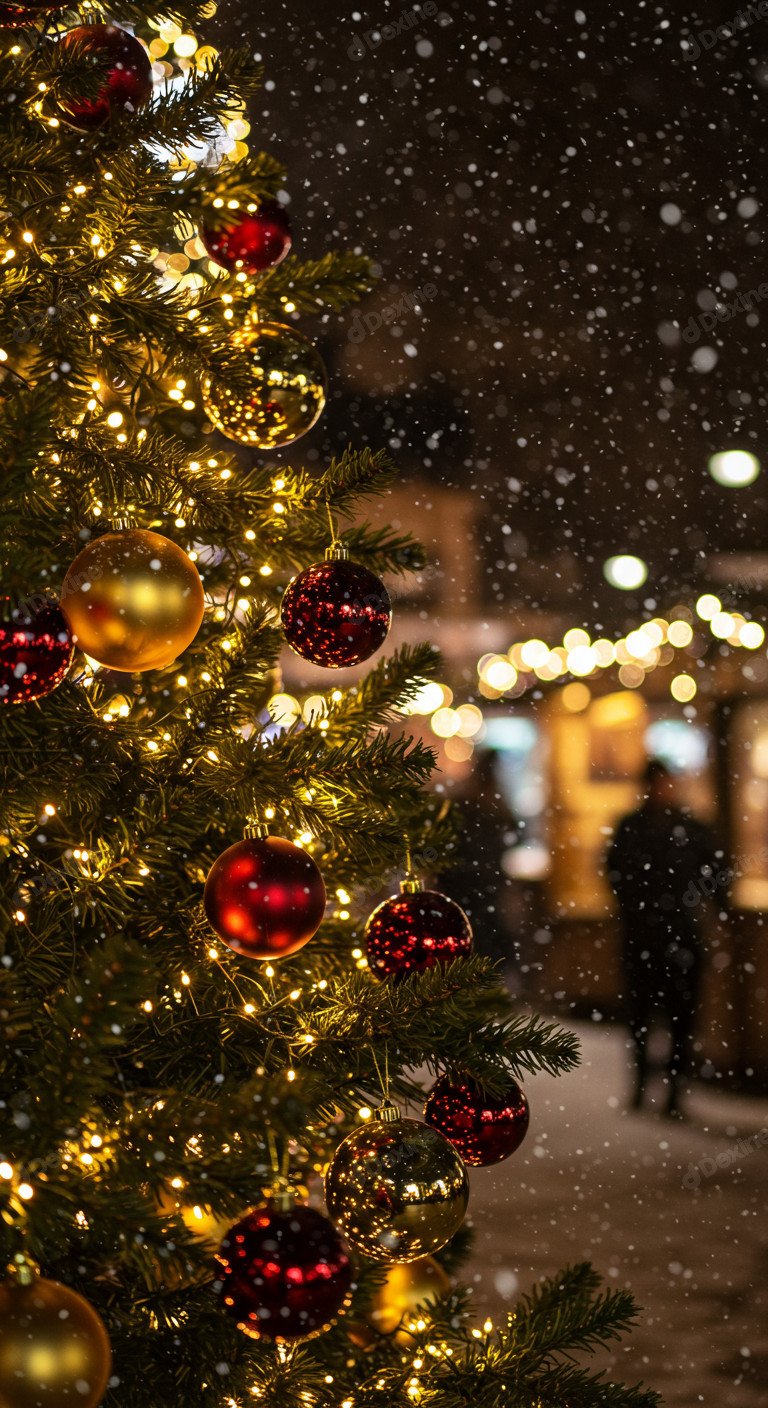 Magical Christmas Tree Lights And Falling Snow Capturing Festive Season Vibe