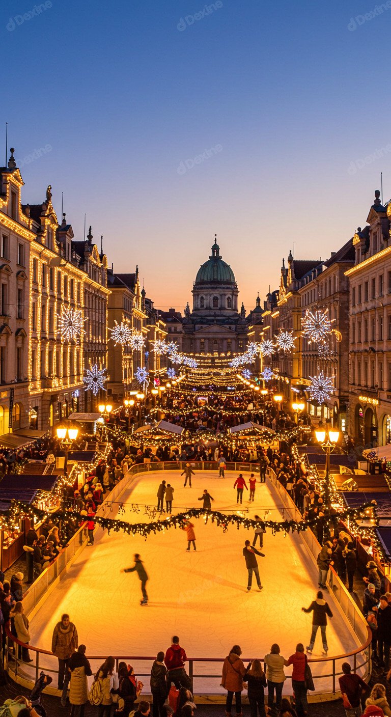 Magical City Ice Rink With Festive Season Vibe And Glowing Lights