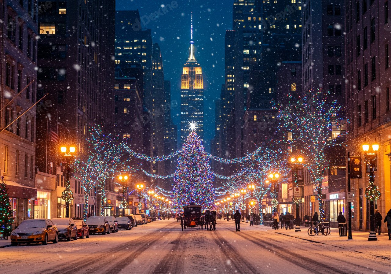 Magical Snowy New York City Street Christmas Lights And Festive Season Vibe