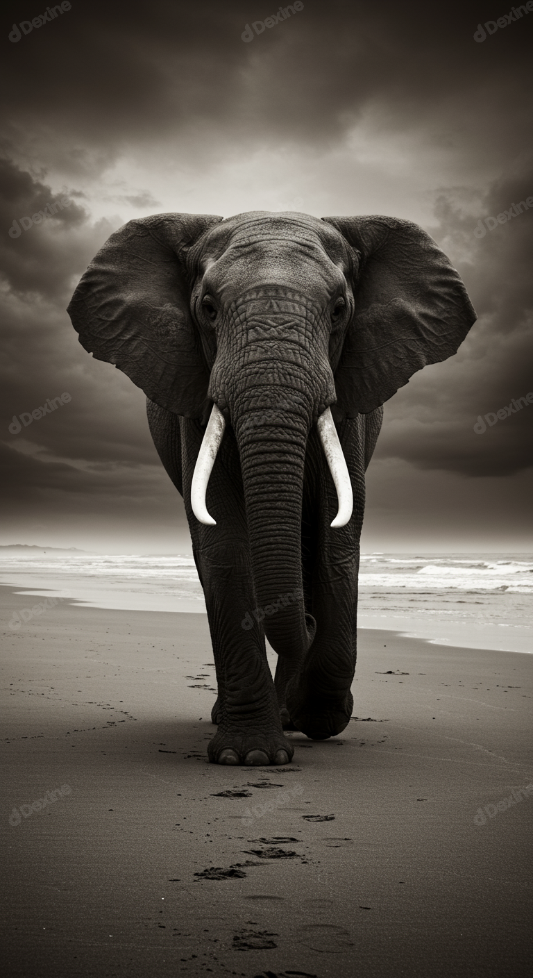 Majestic African Elephant On A Dramatic Beach In Sepia Tone