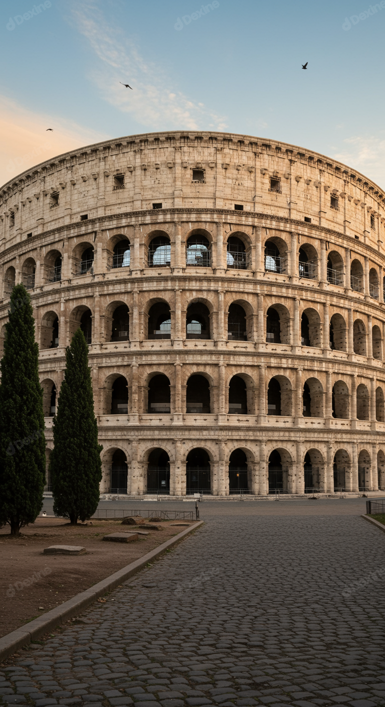 Majestic Ancient Colosseum In Rome At Sunrise With Cobblestone Path