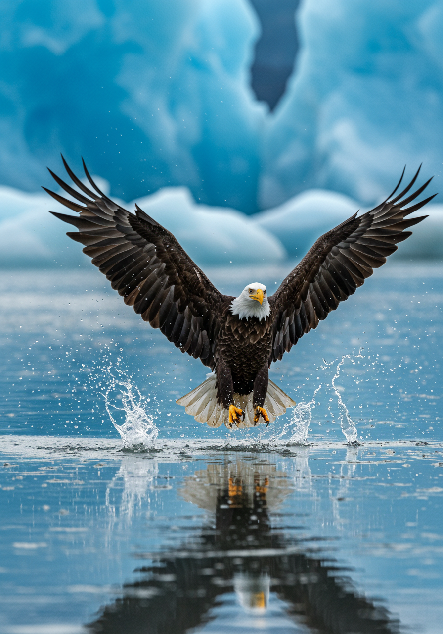 Majestic Bald Eagle Taking Flight Over Water With Glacial Ice Background