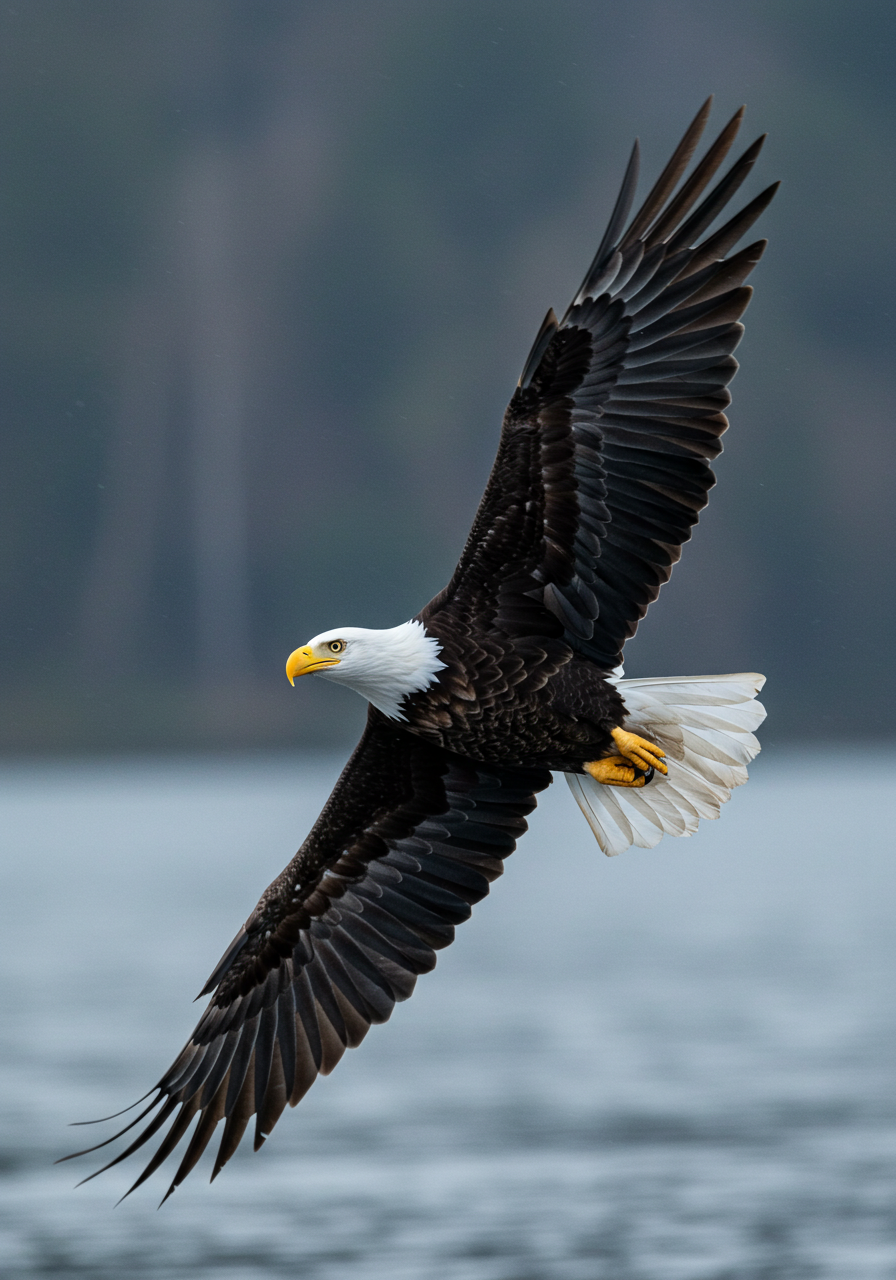 Majestic Bald Eagle In Powerful Flight Over Water