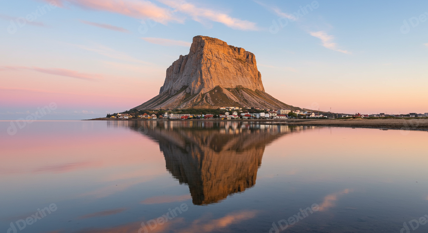 Majestic Coastal Mountain Reflected In Calm Water At Golden Hour