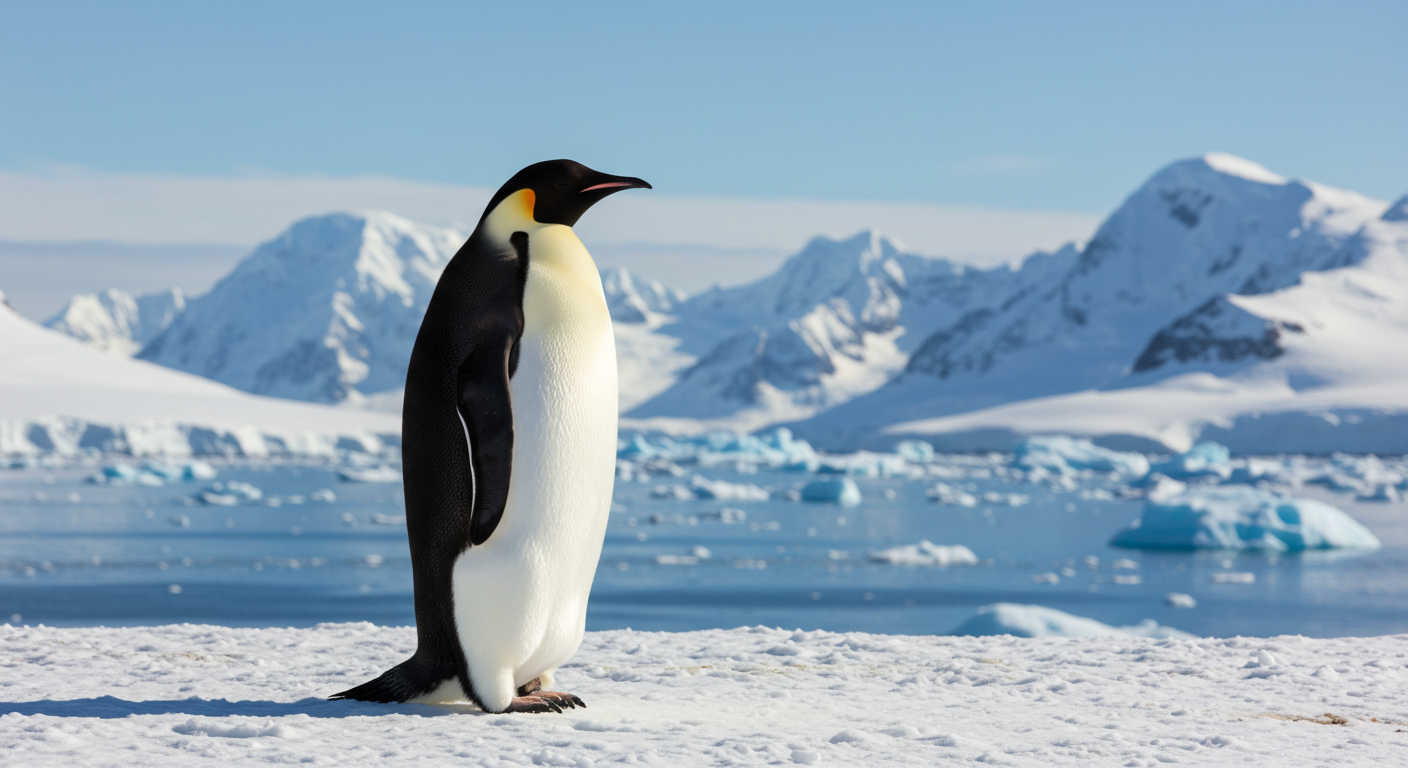 Majestic Emperor Penguin Standing On Antarctic Snow With Mountains