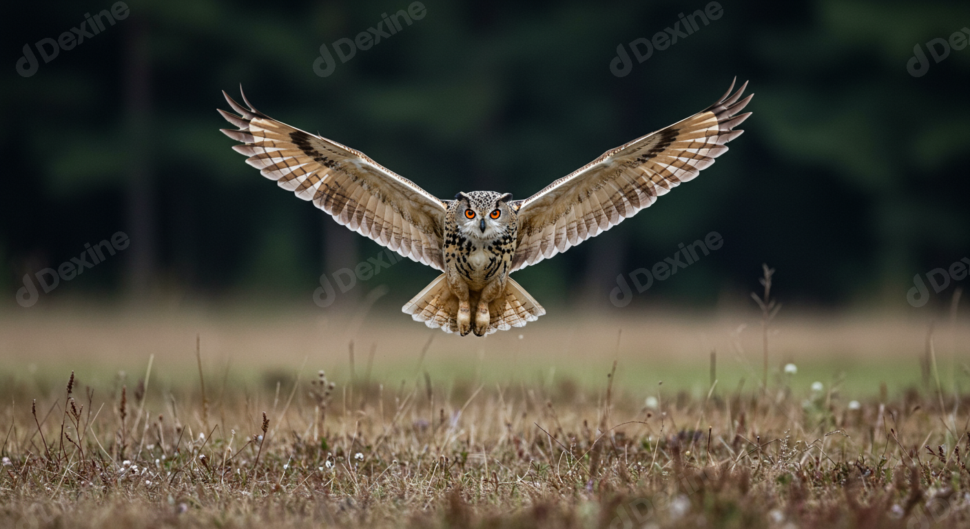 Majestic Eurasian Eagle Owl In Powerful Flight Over Field