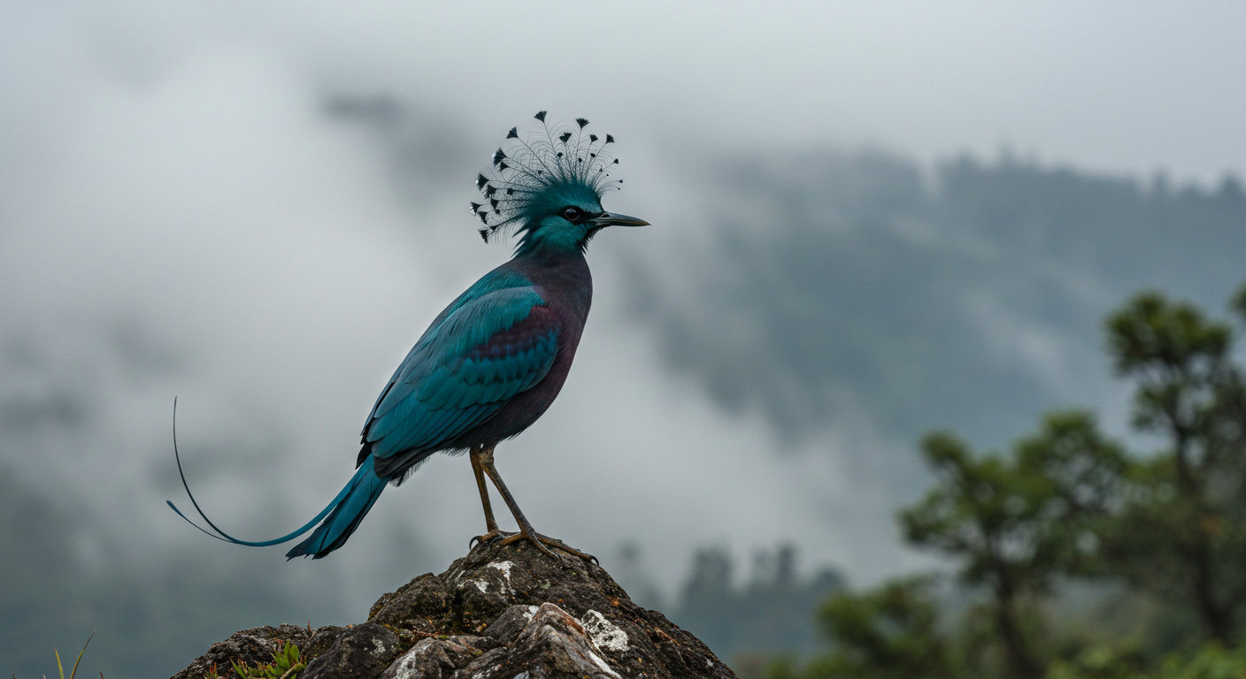 Majestic Exotic Bird With Ornate Crest On Rock In Misty Mountains