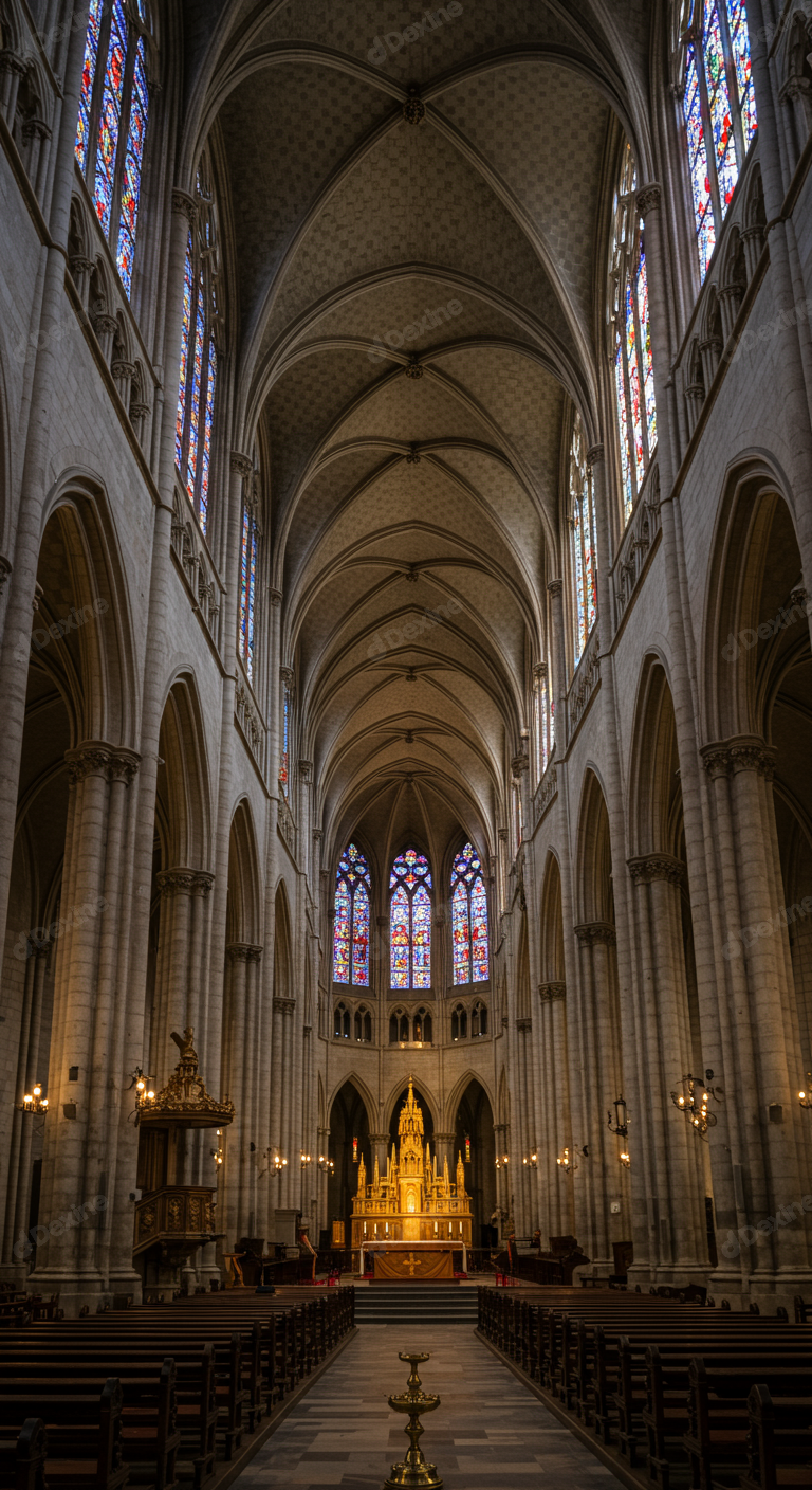 Majestic Gothic Cathedral Interior With Stained Glass Windows And Golden Altar