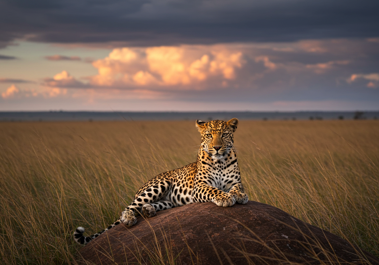 Majestic Leopard Resting On Rock In African Savanna At Sunset