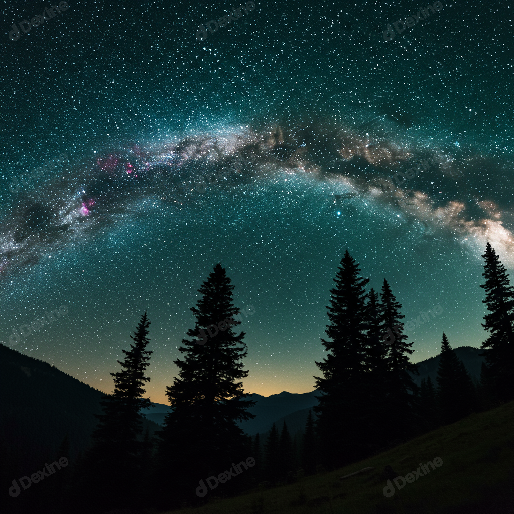 Majestic Milky Way Arching Over Dark Forest Mountains At Night