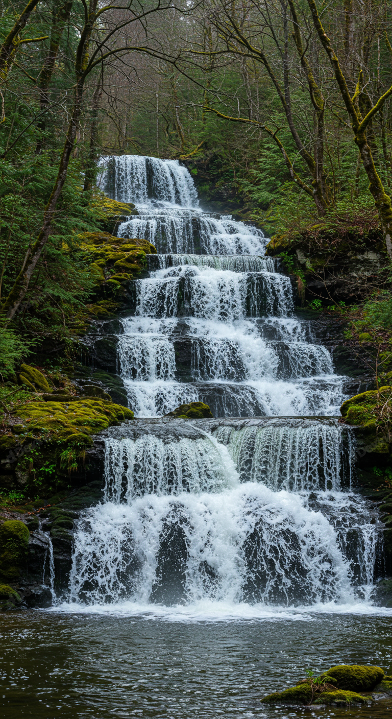 Majestic Multi Tiered Waterfall Cascading Through Lush Forest