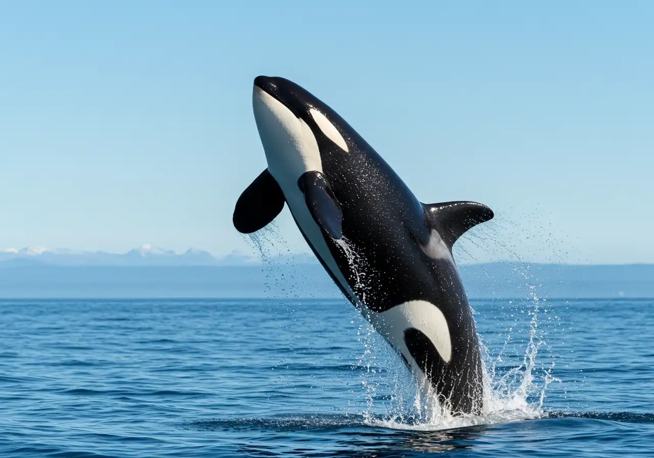 Majestic Orca Killer Whale Breaching Spectacularly Out Of Ocean Water